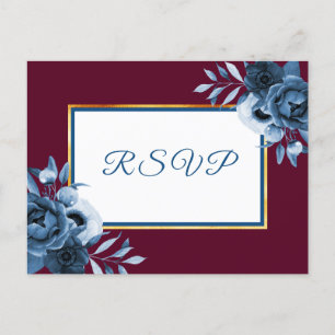 Navy blue floral burgundy white RSVP wedding Invitation Postcard