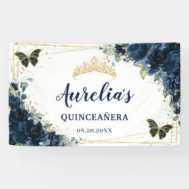 Navy Blue Floral Butterflies XV Welcome Backdrop Banner (Horizontal)