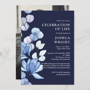 Navy Blue Floral Celebration Of Life Funeral Photo Invitation