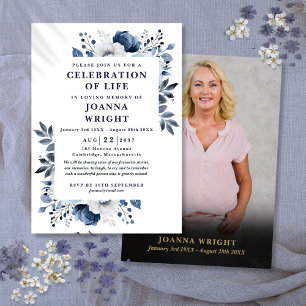 Navy Blue Floral Celebration Of Life Funeral Photo Invitation