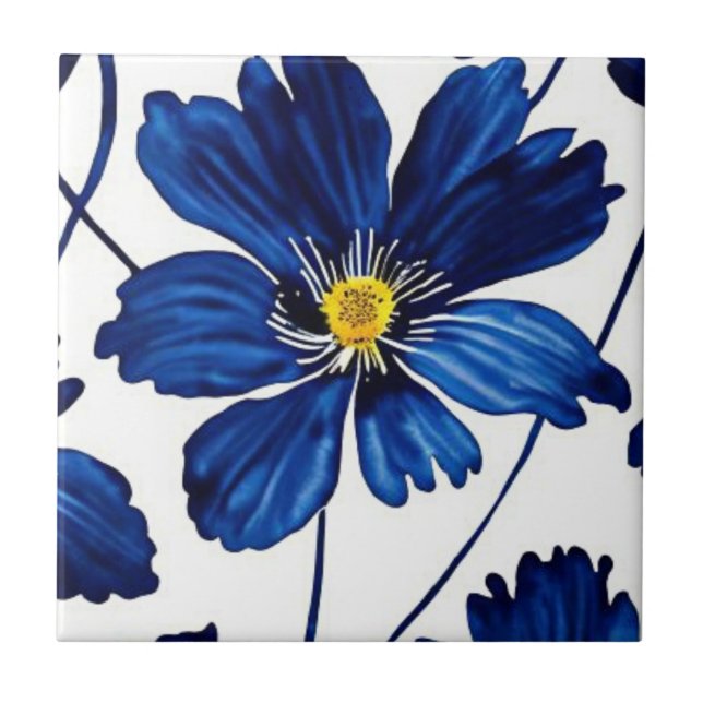Navy blue floral ceramic tile (Front)