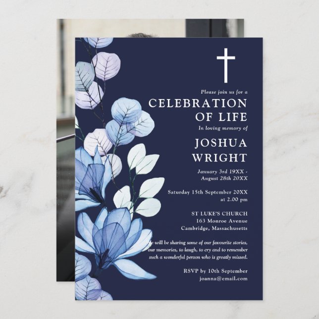 Navy Blue Floral Christian Memorial Funeral Photo Invitation (Front/Back)