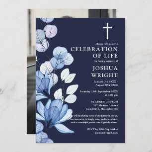 Navy Blue Floral Christian Memorial Funeral Photo Invitation