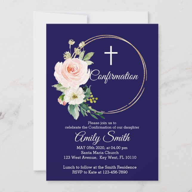 Navy Blue Floral Confirmation Invitation (Front)