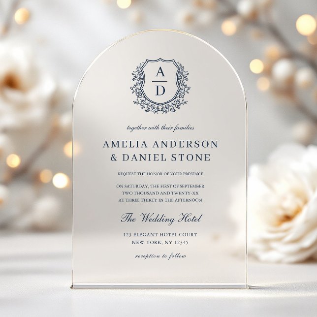 Navy Blue Floral Crest Monogram Wedding Elegant Acrylic Invitations (Creator Uploaded)