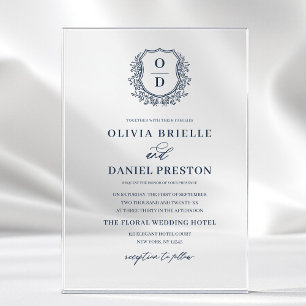Navy Blue Floral Crest Monogram Wedding Elegant Acrylic Invitations