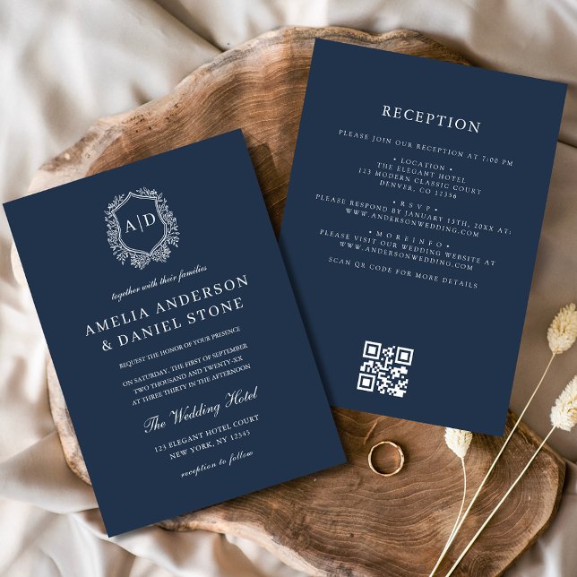 Navy Blue Floral Crest Monogram Wedding QR Code Invitation (Creator Uploaded)