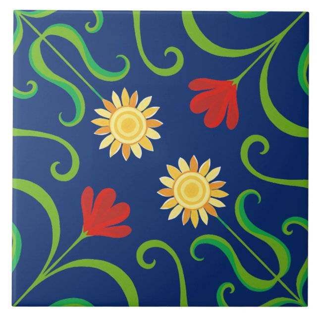    Navy Blue Floral Damask Sunflower Seamless Folk Ceramic Tile (Front)