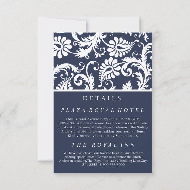 Navy Blue Floral Damask Wedding Enclosure RSVP Card (Front)
