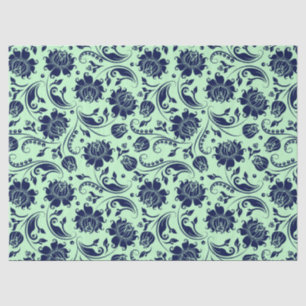 Navy Blue Floral Damasks Green Background Tissue Paper