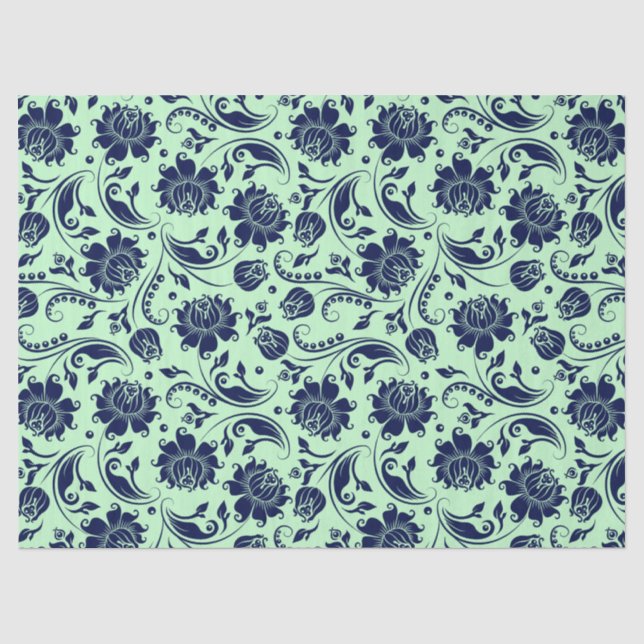 Navy Blue Floral Damasks Green Background Tissue Paper (Front)