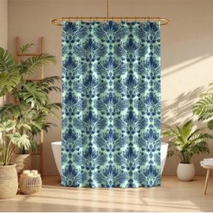 Navy Blue Floral Damasks On Light Green Background Shower Curtain