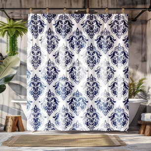 Navy Blue Floral Damasks WhiteBackground Shower Curtain