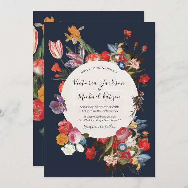 Navy Blue Floral Dark & Moody Wedding Invitation (Front/Back)