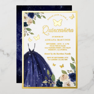 Navy Blue Floral Dress Butterfly Quinceanera Gold