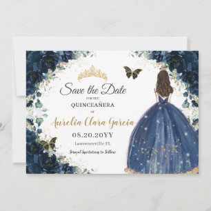 Navy Blue Floral Dress Quinceañera Save the Date