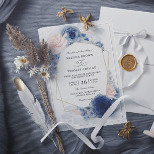 Navy Blue Floral Dusty Budget QR Code Wedding Invitation