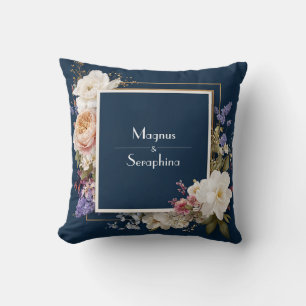 Navy Blue Floral Elegance with Peonies and Blossom Cushion