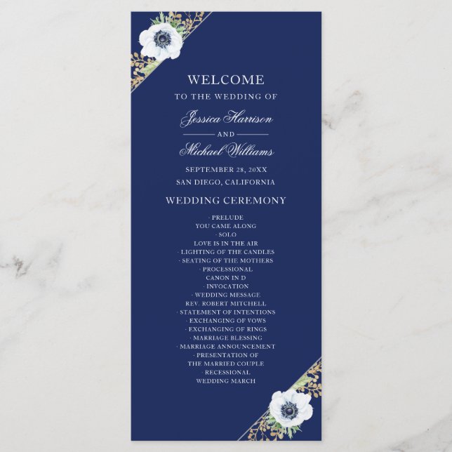Navy Blue Floral Elegant Anemone Bouquet Wedding Program (Front)