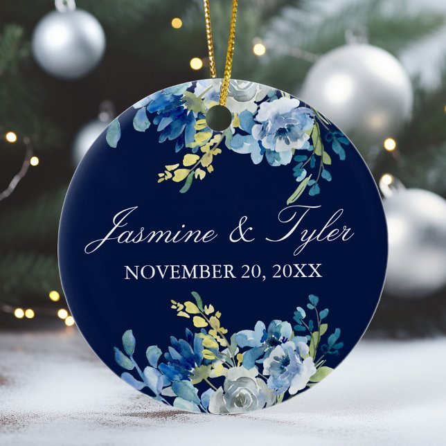 Navy Blue Floral Elegant Custom Wedding Photo Ceramic Ornament (Creator Uploaded)
