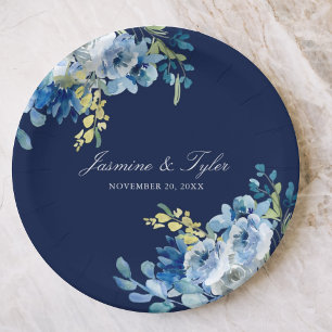 Navy Blue Floral Elegant Evening Wedding Paper Plate
