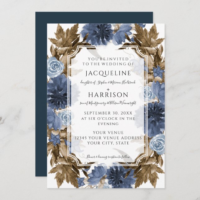 Navy Blue Floral Elegant Fall Foliage Wedding Invitation (Front/Back)
