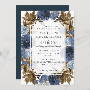 Navy Blue Floral Elegant Fall Foliage Wedding Invitation