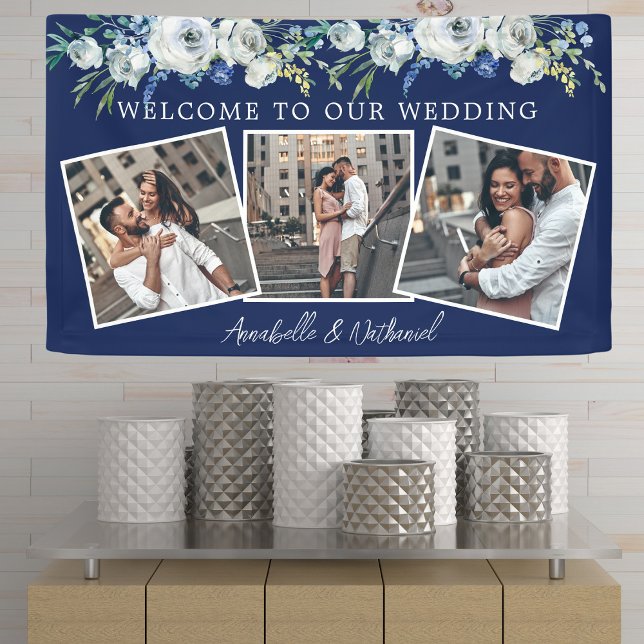 Navy Blue Floral Elegant Photo Collage Wedding Banner (Creator Uploaded)