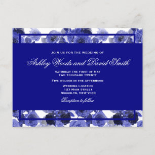 Navy Blue Floral Elegant Script Wedding Postcard