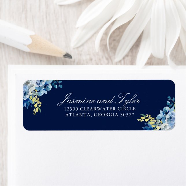 Navy Blue Floral Elegant Wedding Return Address Label (Insitu)