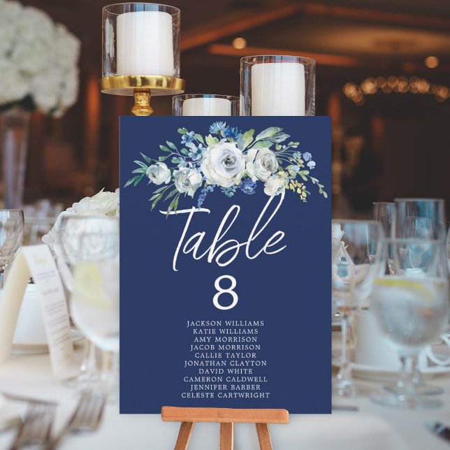 Navy Blue Floral Elegant Wedding Table Number Card (Creator Uploaded)