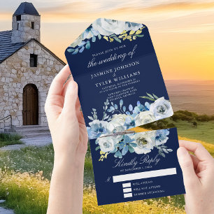 Navy Blue Floral Elegant Winter Wedding All In One Invitation
