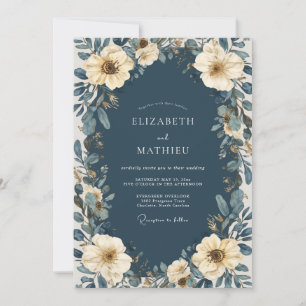 Navy Blue Floral Enchantment Wedding Invitation