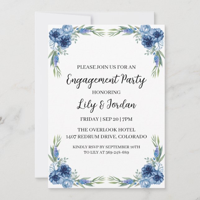 navy blue floral engagement party invitations (Front)