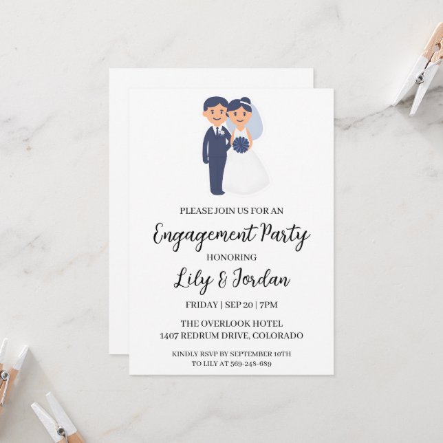 navy blue floral engagement party invitations (Front/Back In Situ)