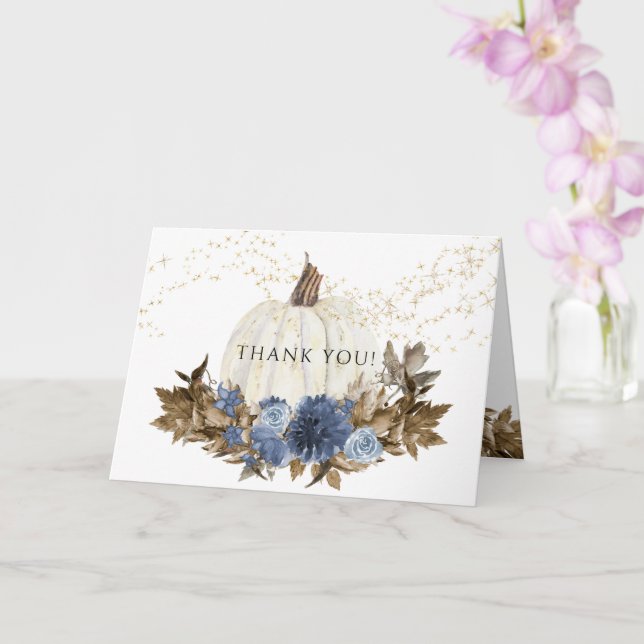 Navy Blue Floral Fall Pumpkin Gold Star Thank You Card (Orchid)