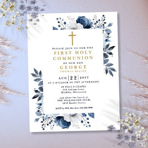 Navy Blue Floral First Holy Communion Invitation Postcard