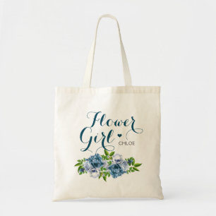 Navy Blue Floral Flower Girl Tote Bag
