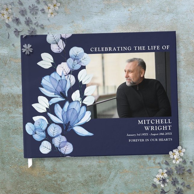 Navy Blue Floral Funeral Celebration Of Life Photo Guest Book (Navy Blue Floral Funeral Celebration Of Life Photo Guest Book)
