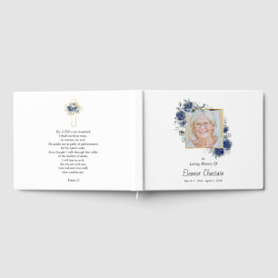 Navy Blue Floral Funeral Photo Sympathy Memorial Guest Book