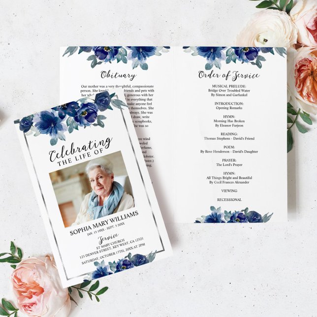 Navy Blue Floral Funeral Program Order of Service (Creator Uploaded)