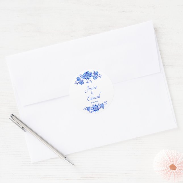 Navy Blue Floral Garland Wedding Classic Round Sticker (Envelope)