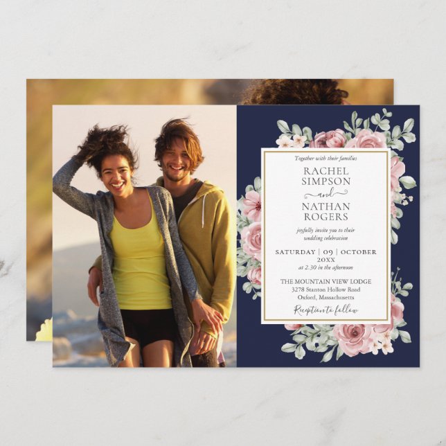 Navy Blue Floral Gold 2 Photos Wedding Invitation (Front/Back)