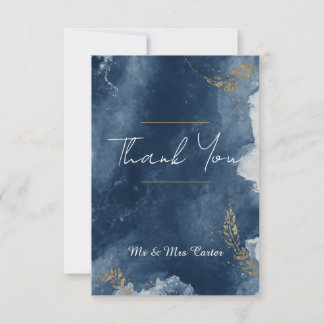 Navy Blue Floral Gold Botanical Wedding Thank You  Card