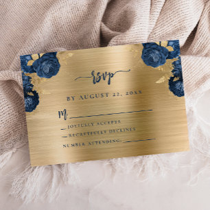 Navy Blue Floral Gold Brushed Metal Wedding RSVP Enclosure Card