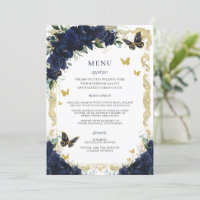 Navy Blue Floral Gold Butterflies Quinceanera