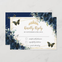 Navy Blue Floral Gold Butterfly Quinceañera Reply