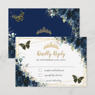 Navy Blue Floral Gold Butterfly Quinceañera Reply RSVP Card