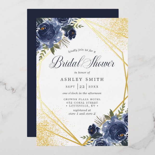 Navy Blue Floral Gold Geometric Bridal Shower (Front/Back)
