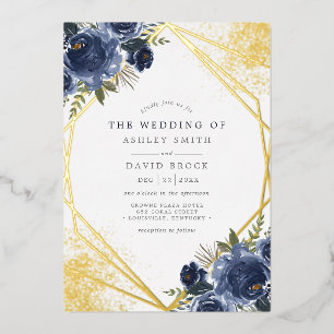 Navy Blue Floral Gold Geometric Modern Wedding